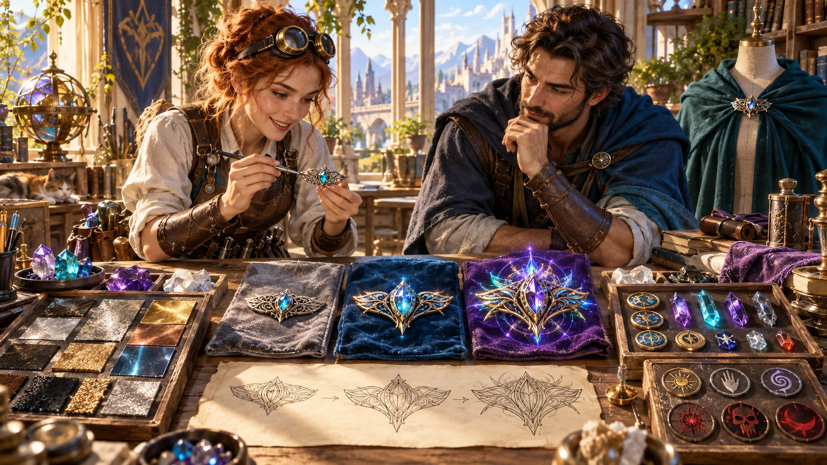 Fantasy illustration of two artisans refining a jeweled brooch beside three cloak designs