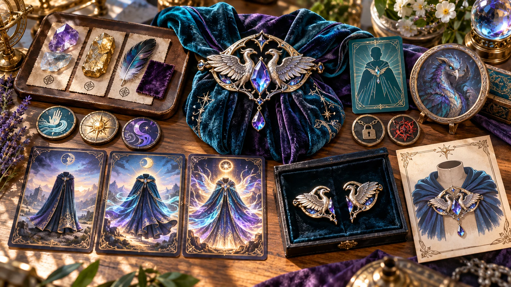 Fantasy illustration of a winged brooch, cloak cards and symbols for magical powers and awakening