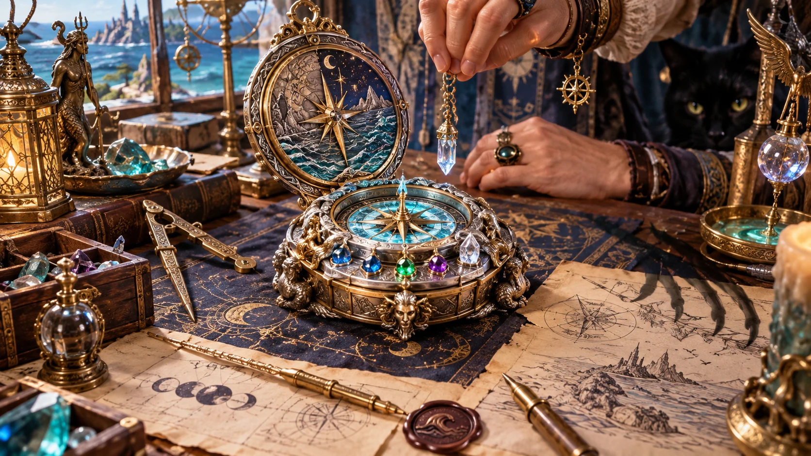 Fantasy illustration of a jeweled compass being refined with crystals, maps and metalwork